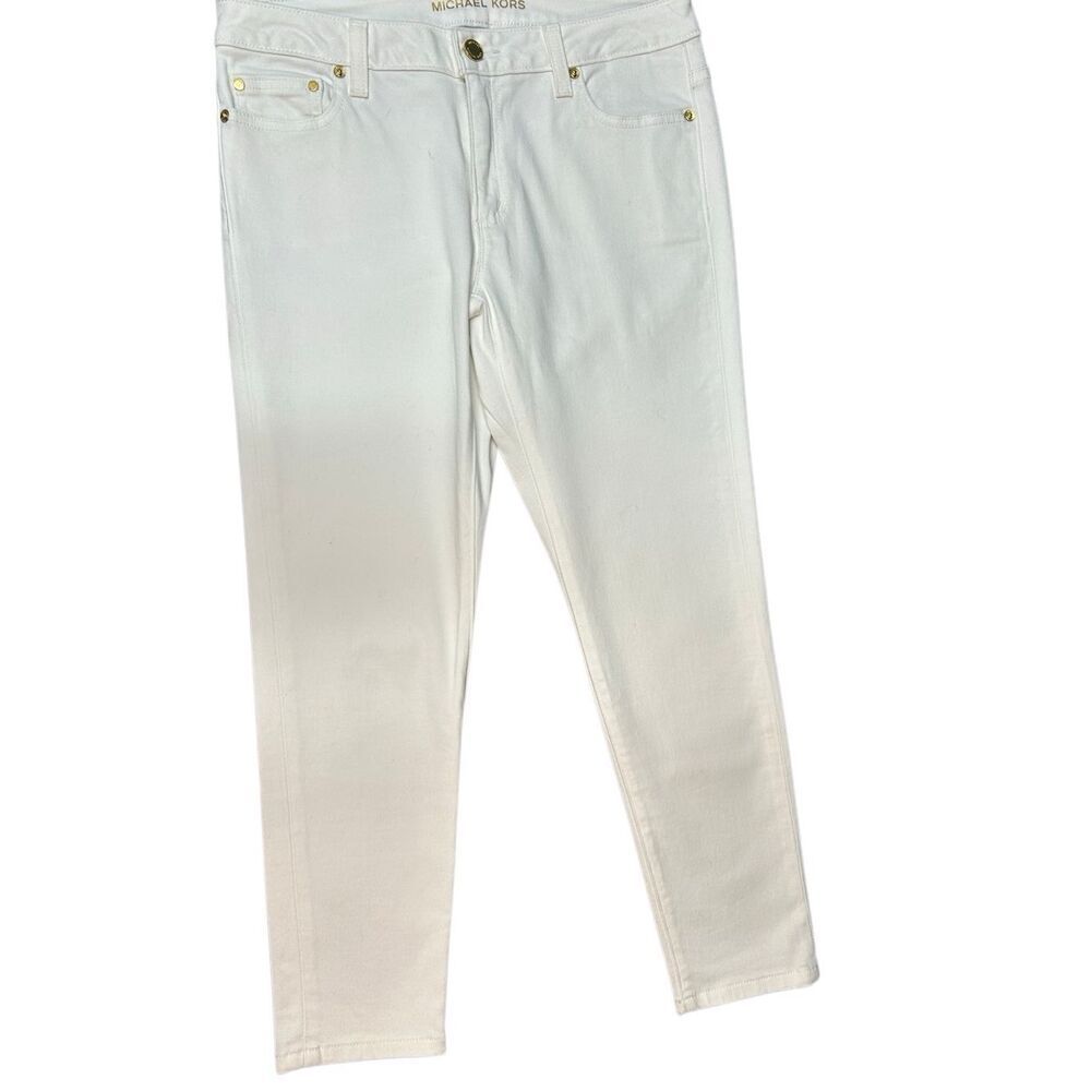Michael Kors Izzy Skinny White Jeans Size 4 Gold Hardware Mid Rise Stretch